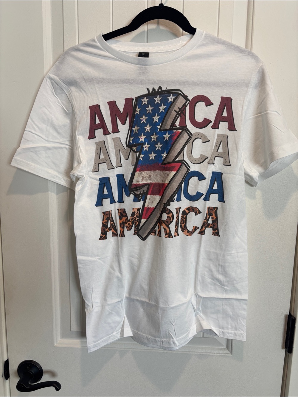 J Coons White Tee with Patriotic Lightning Bolt Graphic
